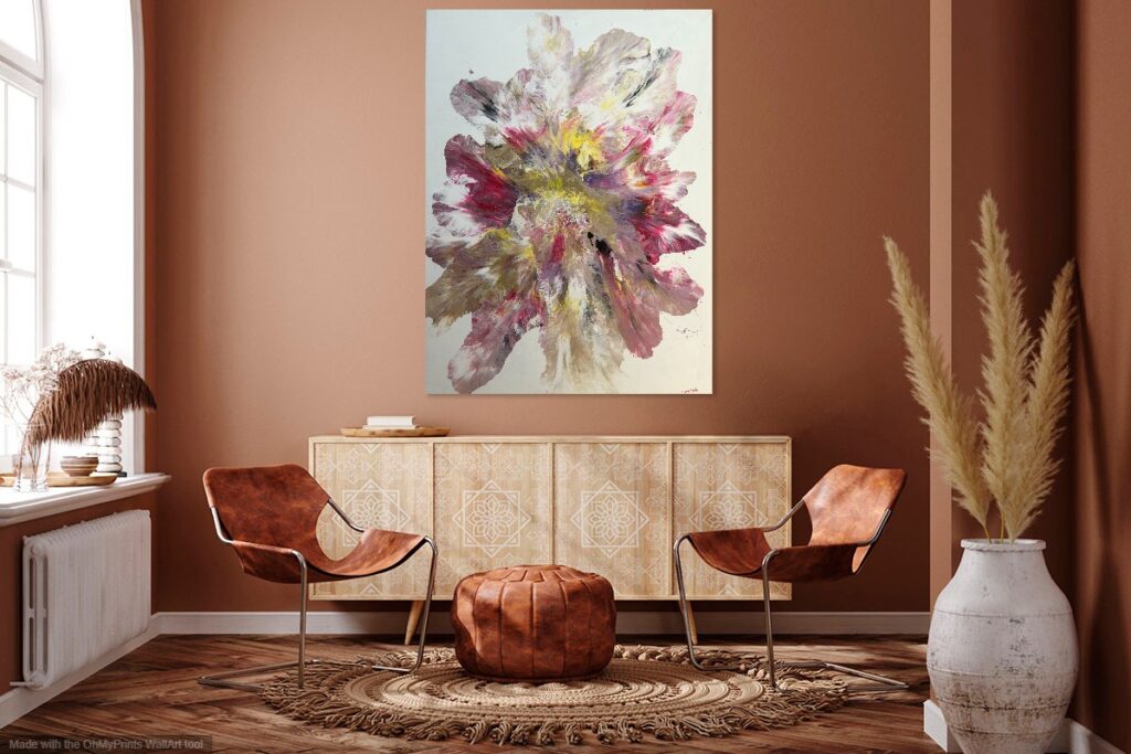 A large 3' x 5' acrylic painting by Lynda Todd. A huge multi-coloured  flower blossom.