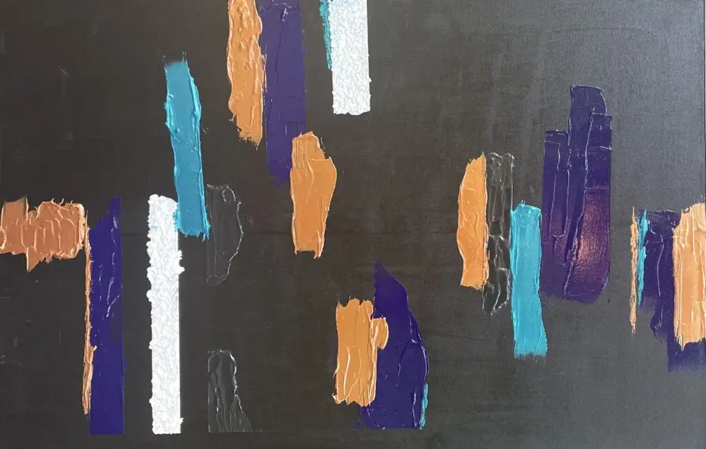 An abstract painting with bold vertical brushstrokes in shades of orange, turquoise, purple, white, and black against a dark background. The textured brushstrokes and arrangement of colors add a tactile quality and create a rhythmic, dynamic visual experience.