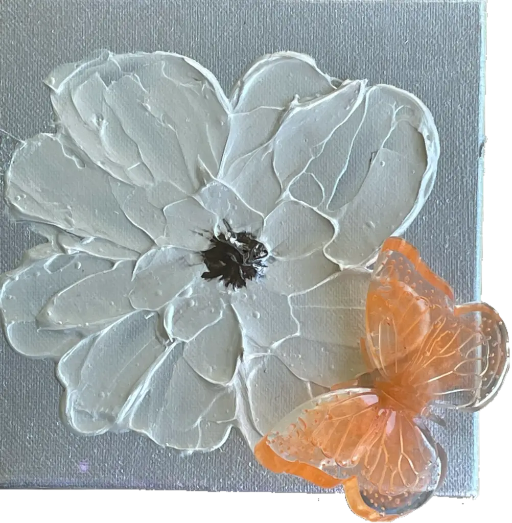 A textured white flower painted in an impasto style with thick, three-dimensional strokes and a black center. An intricately designed orange butterfly rests delicately on a petal in the lower right, contrasting against the white petals and adding a sense of lightness.