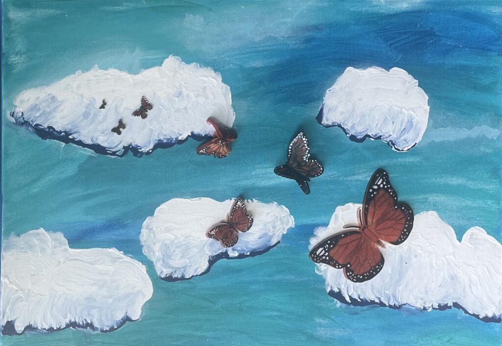 White and purplish clouds across a blue skies with multiple hand painted monarchs flying across canvas disappearing into the distance. 24" x 36" gallery canvas, $625.00