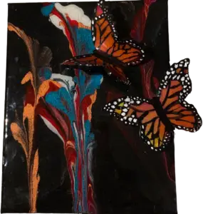 "Artwork titled 'Resilience' showing two monarch butterflies with orange, black, and white wings in flight against a rich, abstract background of swirling reds, blues, whites, and golds representing lilies. The contrast of realistic butterflies with the vibrant, expressive background adds dynamic energy to the piece."