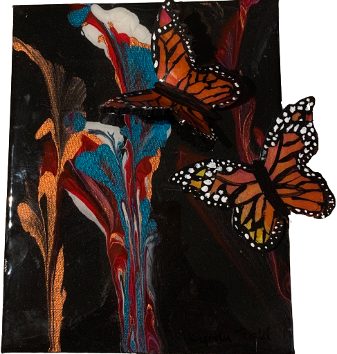 A resin hand painted monarch butterfly lands on flowers, canvas has a black background and has a triple rain coating bringing the shine of the colours outstanding. $200.00