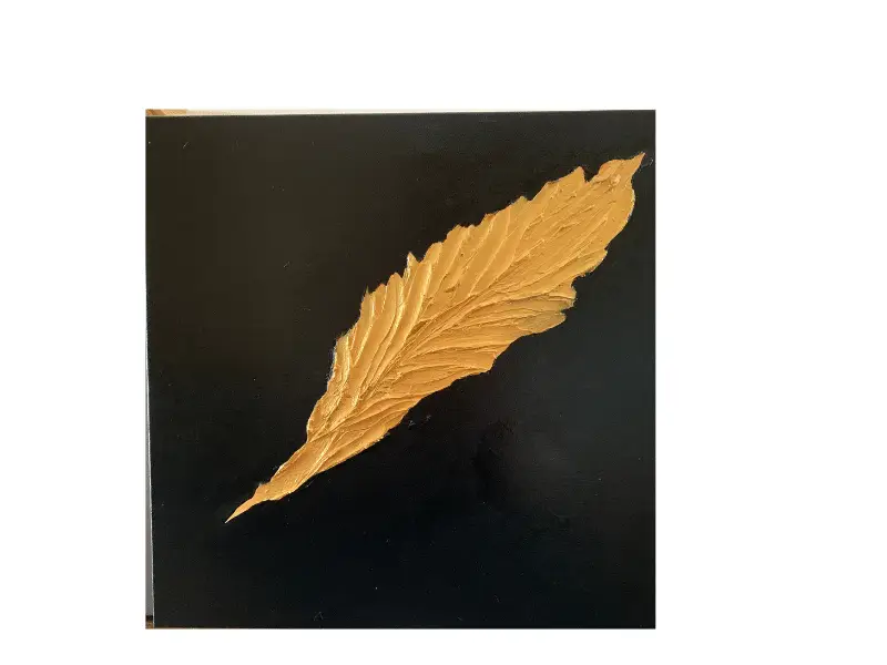 A sculpted golden feather on a black textured 24" x 24" gallery canvas, $350.00