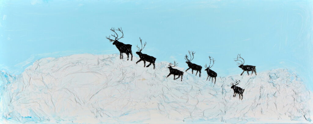 Acrylic painting titled 'Caribou Perilous Trek' featuring six black silhouettes of caribou walking up a rugged, white terrain, set against a soft pastel blue sky. The minimalist style contrasts the animals' clean lines with the textured landscape, evoking a serene and natural moment."