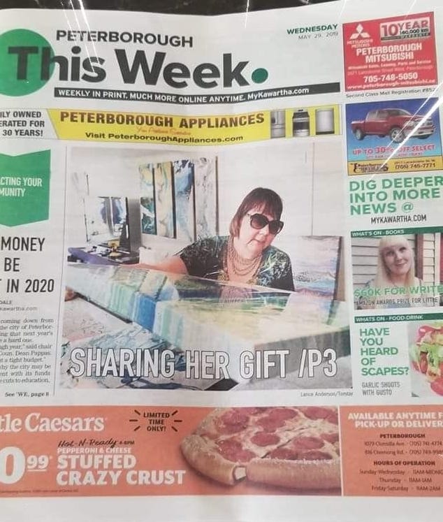 picture of the front page of Peterborough This Week when I won the won fine art award. video online as well.