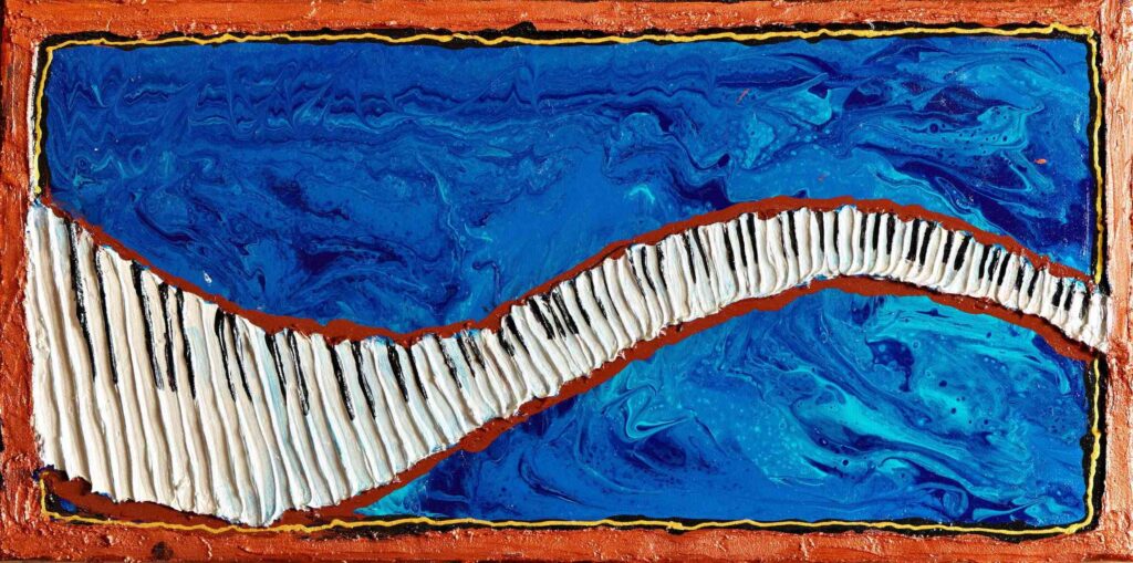 An abstract painting with a swirling blue background in various shades, creating an oceanic texture. The central feature is a curving, ribbed white structure that resembles a distorted piano keyboard, bordered by a rusty orange outline. The smooth blue swirls contrast with the textured white curve, guiding the viewer's gaze along the wave-like path.