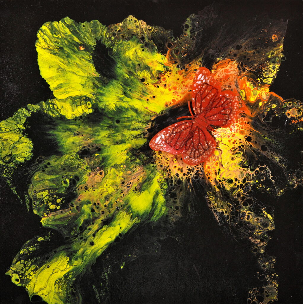 A vivid abstract painting with a red butterfly in the center, detailed with intricate wing patterns. Surrounding the butterfly are swirling colors of green, yellow, and black, creating a dynamic sense of movement and contrast between the delicate butterfly and the bold, chaotic background.