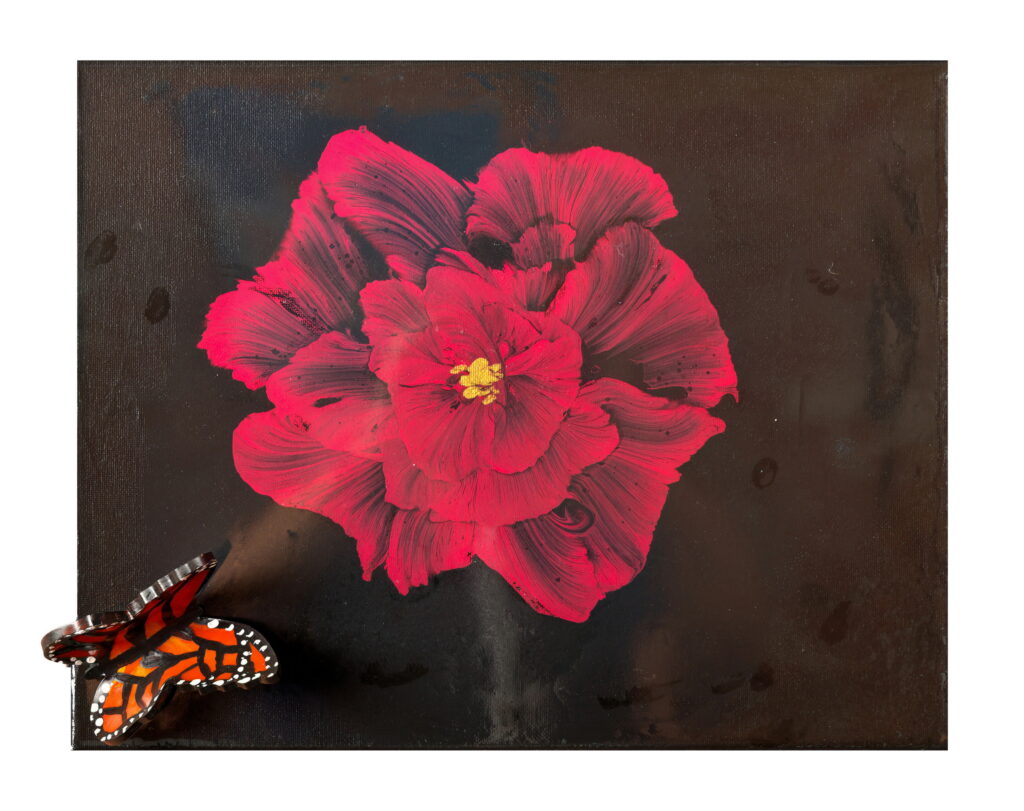 The artwork displays a vividly rendered red flower with intricate petals and a bright yellow core against a dark background. A detailed butterfly with orange and black wings is positioned in the bottom left corner, adding a dynamic element and emphasizing the delicate beauty of both the flower and the butterfly through contrasting colors and fine details.