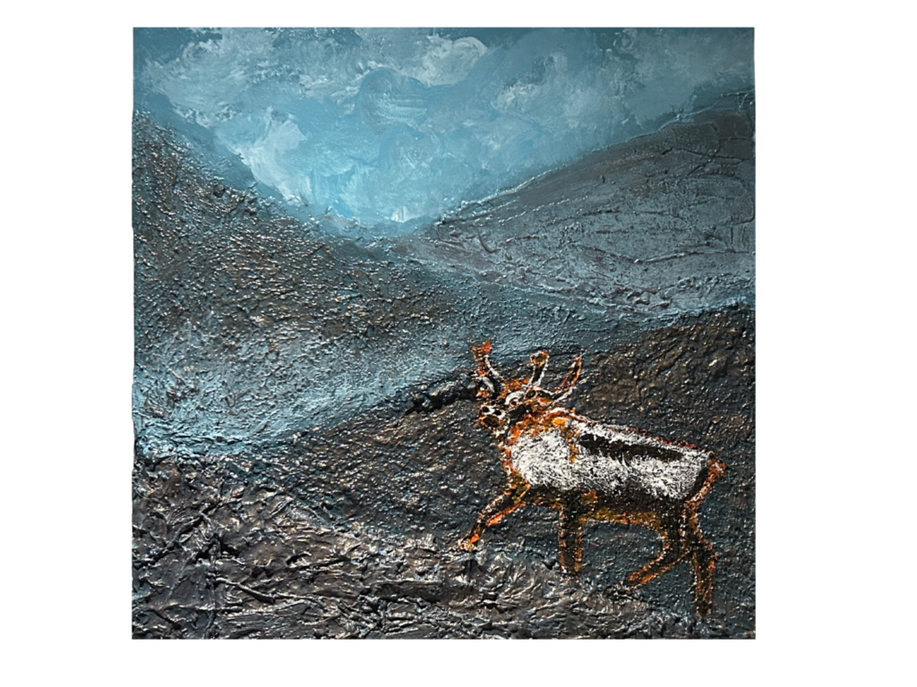 Titled 'Trek of the Caribou' showing a caribou with a brown and white coat and prominent antlers in a mountainous landscape. The background includes dark, rocky hills and a blue, misty sky, with thick, textured paint adding depth and a three-dimensional quality to the scene.