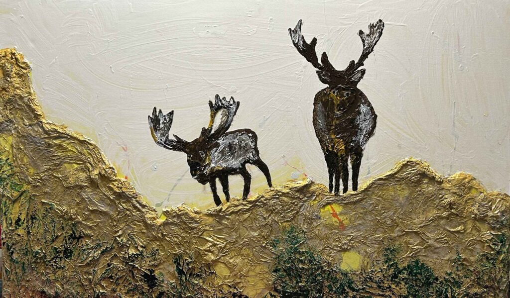 Two moose, one large and one small, stand on a textured, earthy landscape with a snowy white background. The moose are painted in dark colors with white and brown highlights.