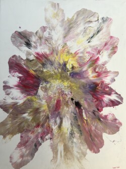 acrylic on canvas, various colours of a huge blossom.